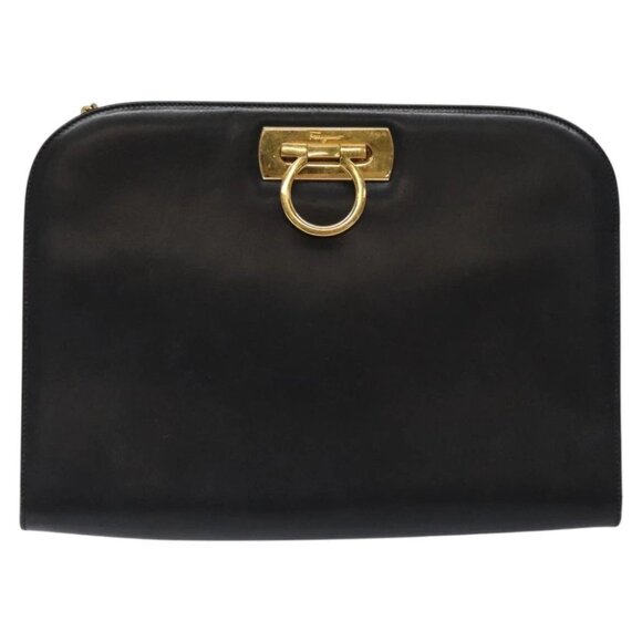 Salvatore Ferragamo Gancini Chain Shoulder Bag Leather Black Gold - Picture 2 of 16